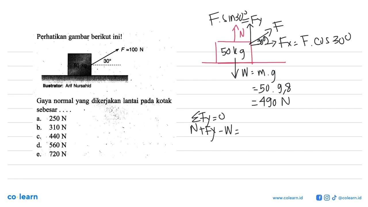 Perhatikan gambar berikut ini! 30 F=100 NGaya normal yang