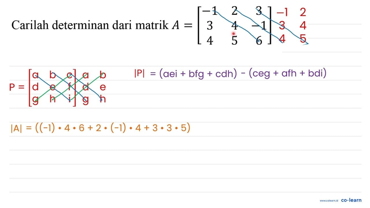 Carilah determinan dari matrik A=[-1 2 3 3 4 -1 4 5 6]