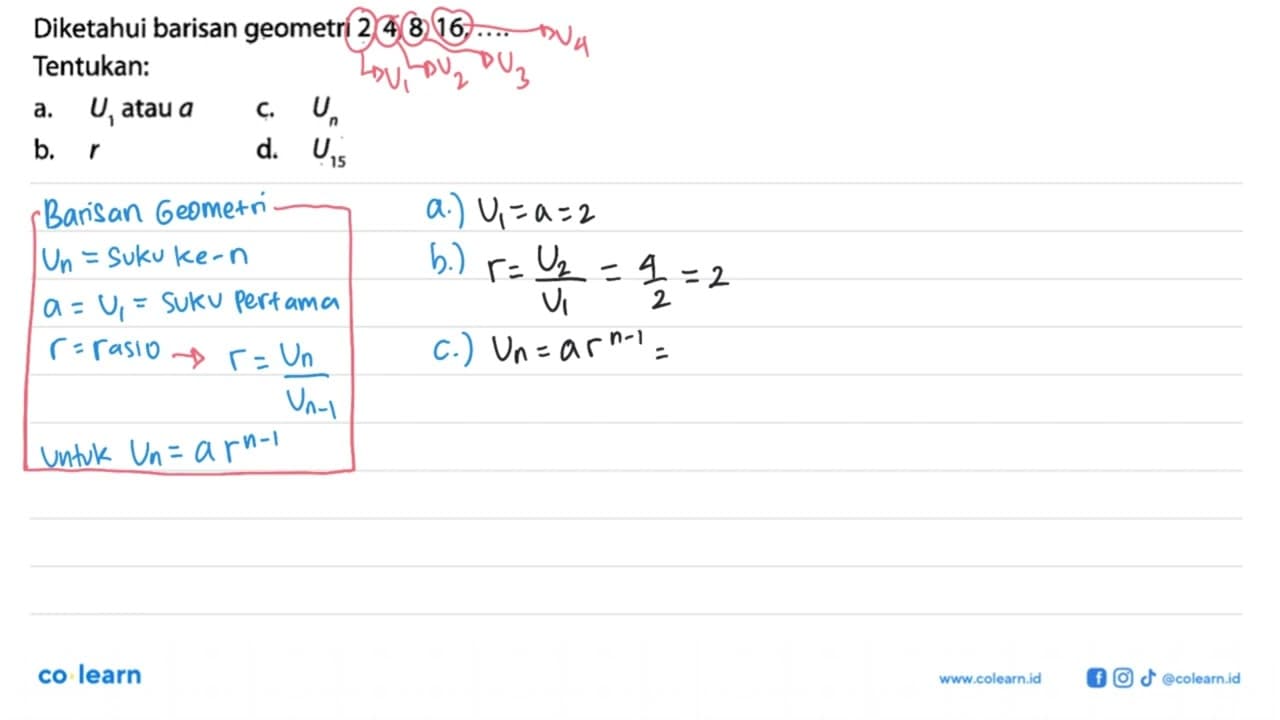 Diketahui barisan geometri 2, 4, 8, 16, ....Tentukan: a. U1