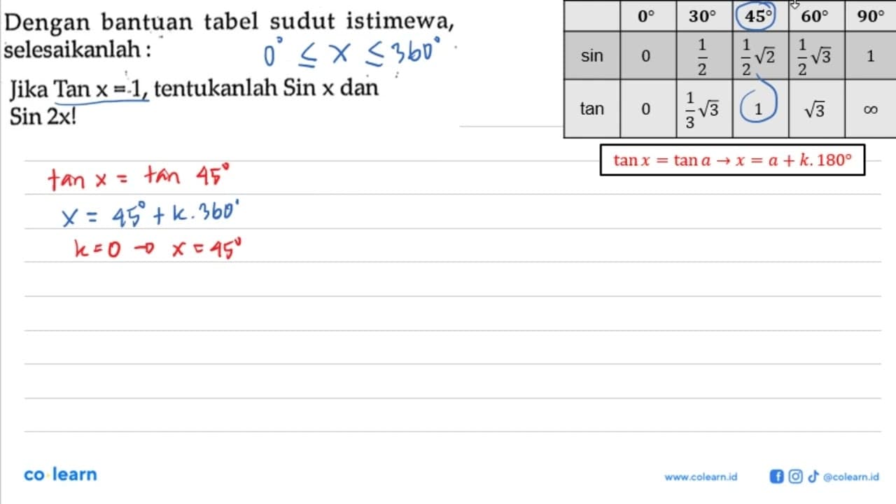 Dengan bantuan tabel sudut istimewa, selesaikanlah: Jika