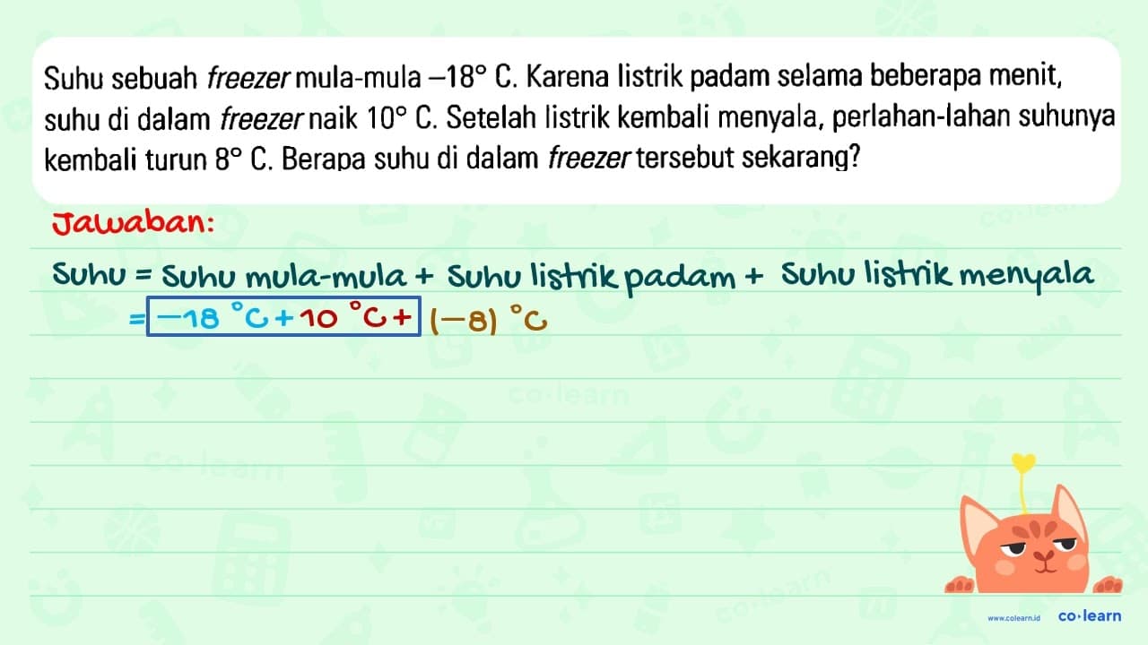 Suhu sebuah freezermula-mula -18C. Karena listrik padam