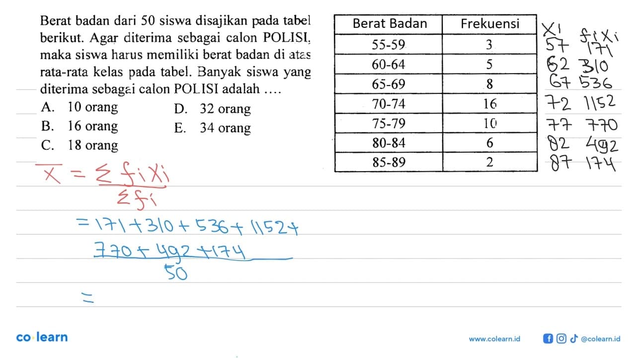 Berat badan dari 50 siswa disajikan pada tabel berikut.