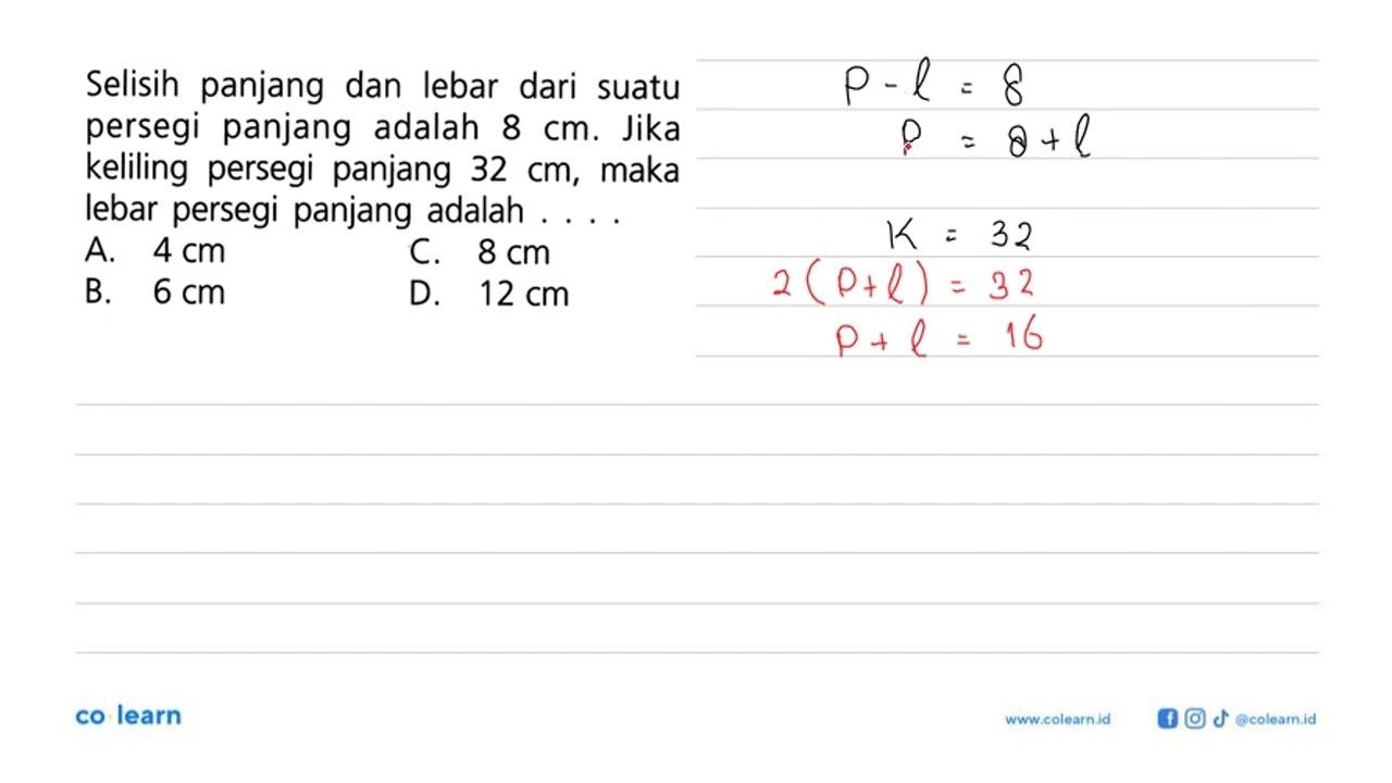 Selisih panjang dan lebar dari suatu persegi panjang adalah