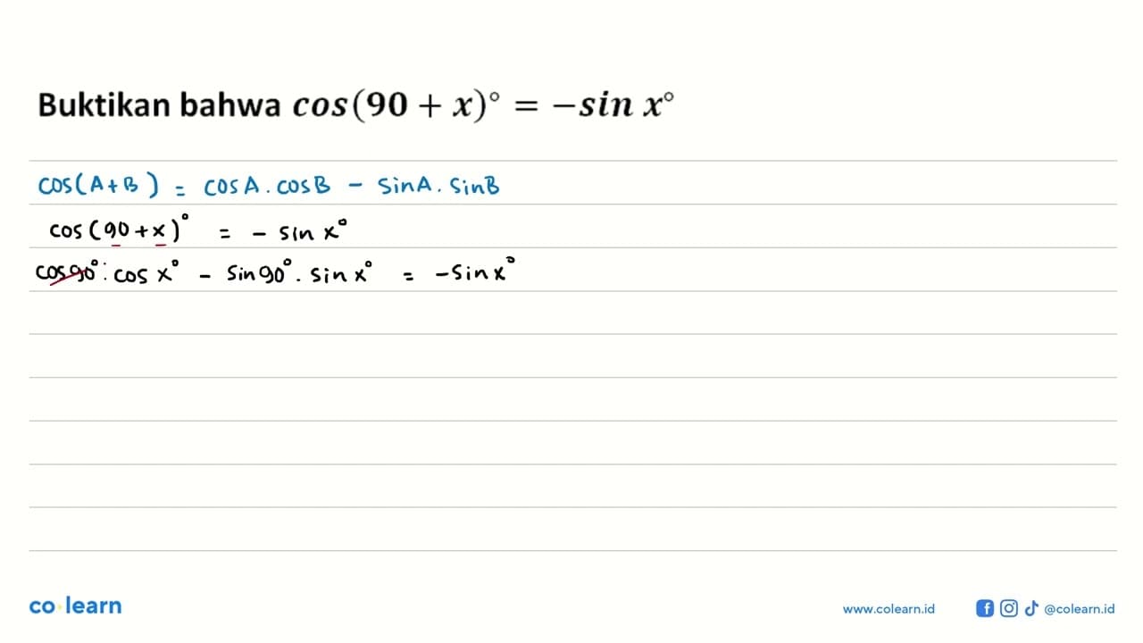 Buktikan bahwa cos(90 + x) = -sin x