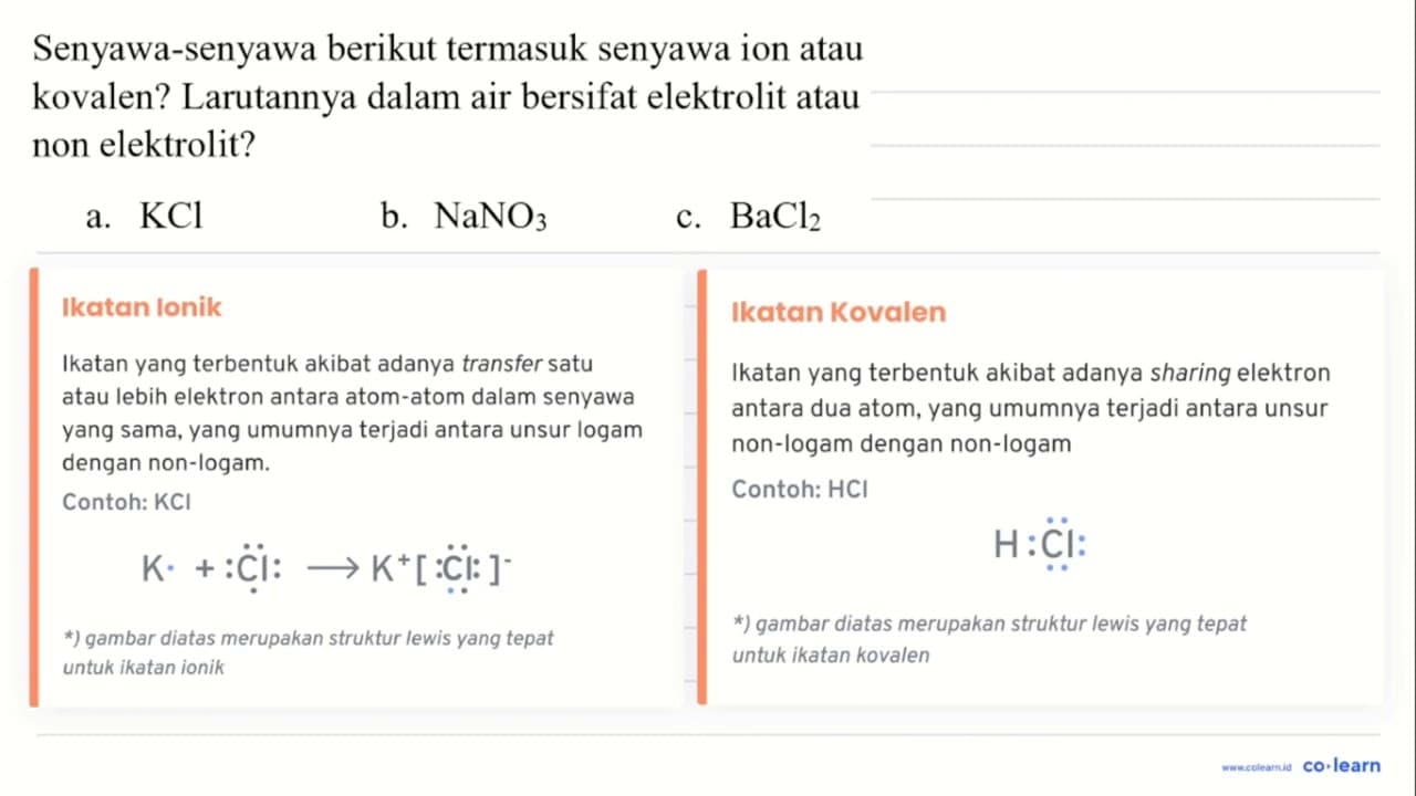 Senyawa-senyawa berikut termasuk senyawa ion atau kovalen?