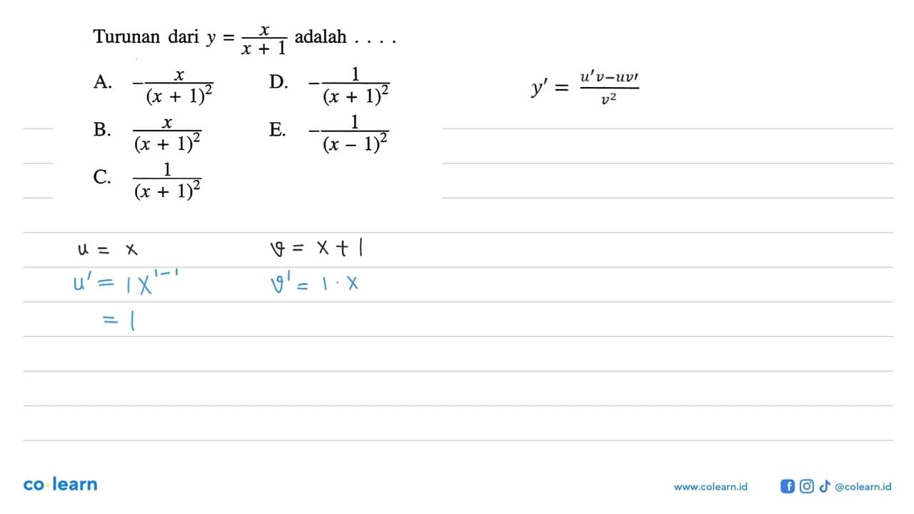 Turunan dari y=x/(x+1) adalah ....