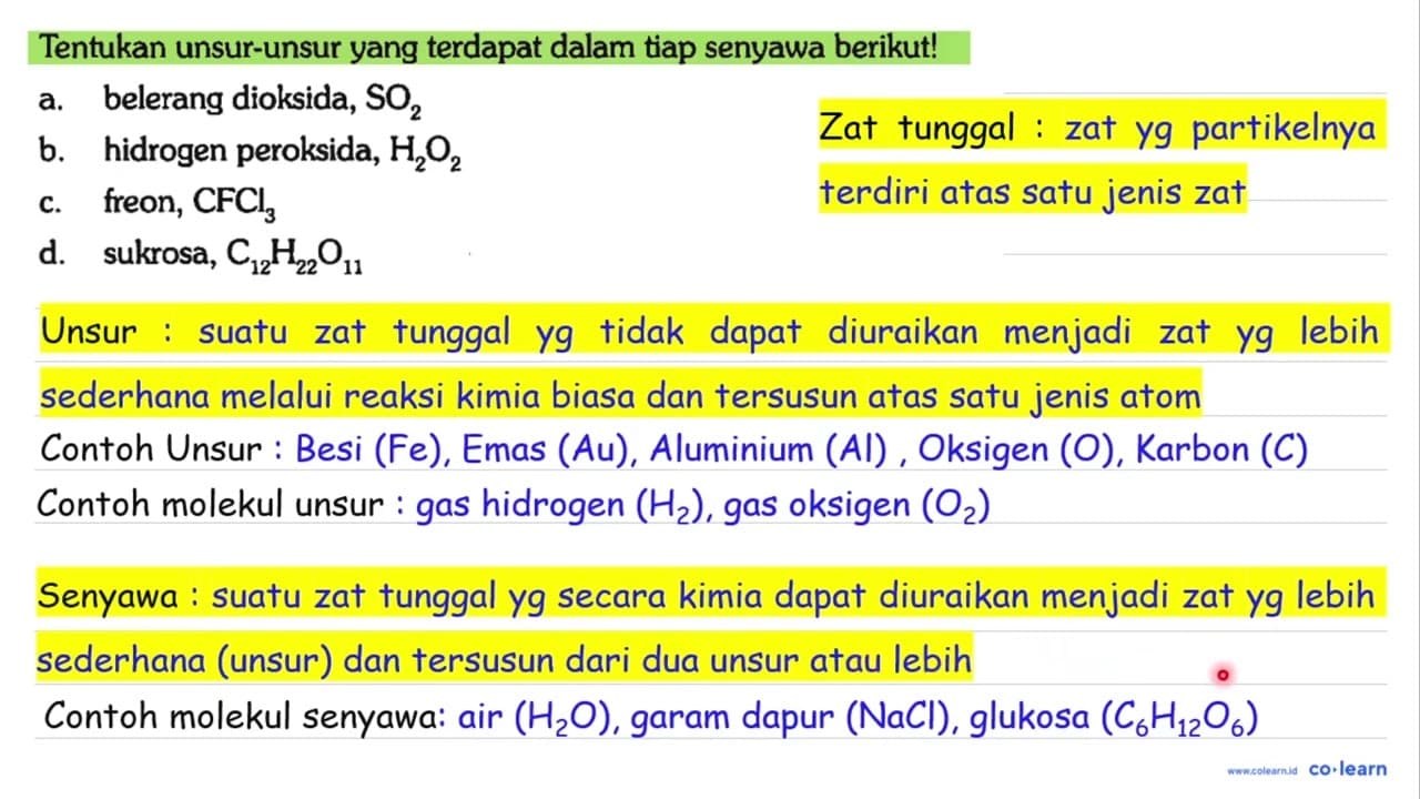 Tentukan unsur-unsur yang terdapat dalam tiap senyawa