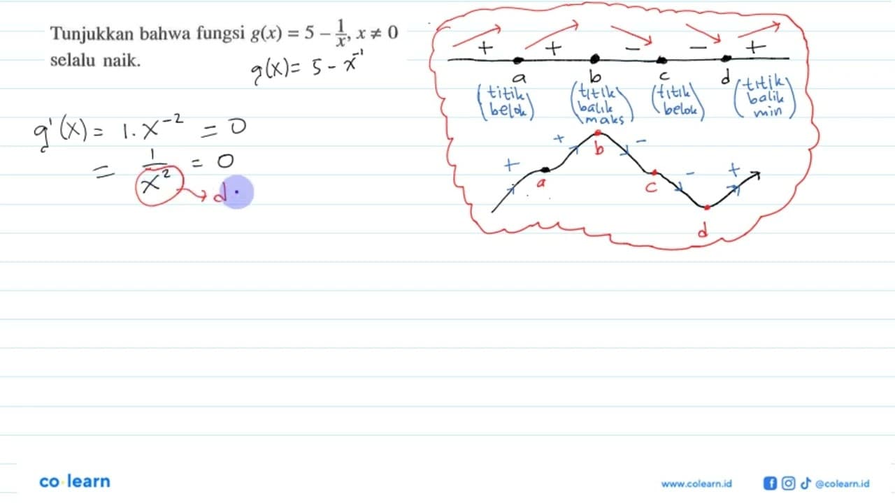 Tunjukkan bahwa fungsi g(x)=5-1/x, x=/=0 selalu naik.