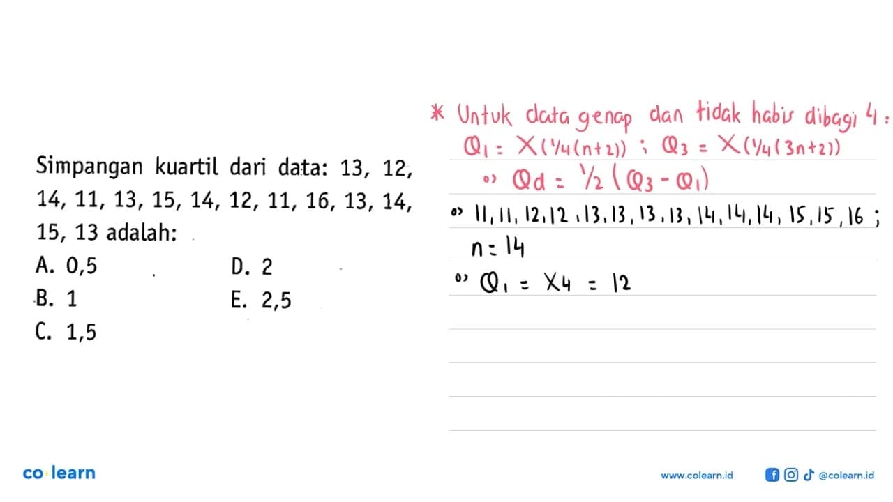 Simpangan kuartil dari data: 13, 12, 14, 11, 13, 15, 14,