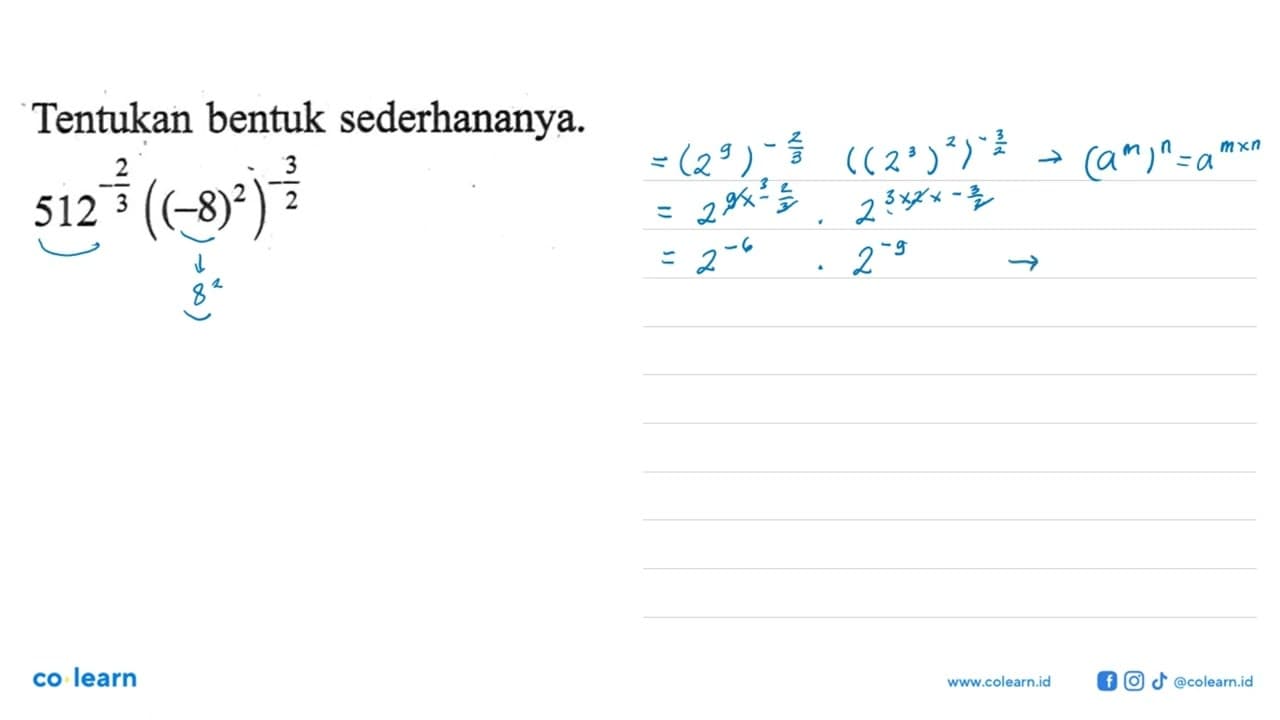 Tentukan bentuk sederhananya. 512^(-2/3) ((-8)^2)^(-3/2)