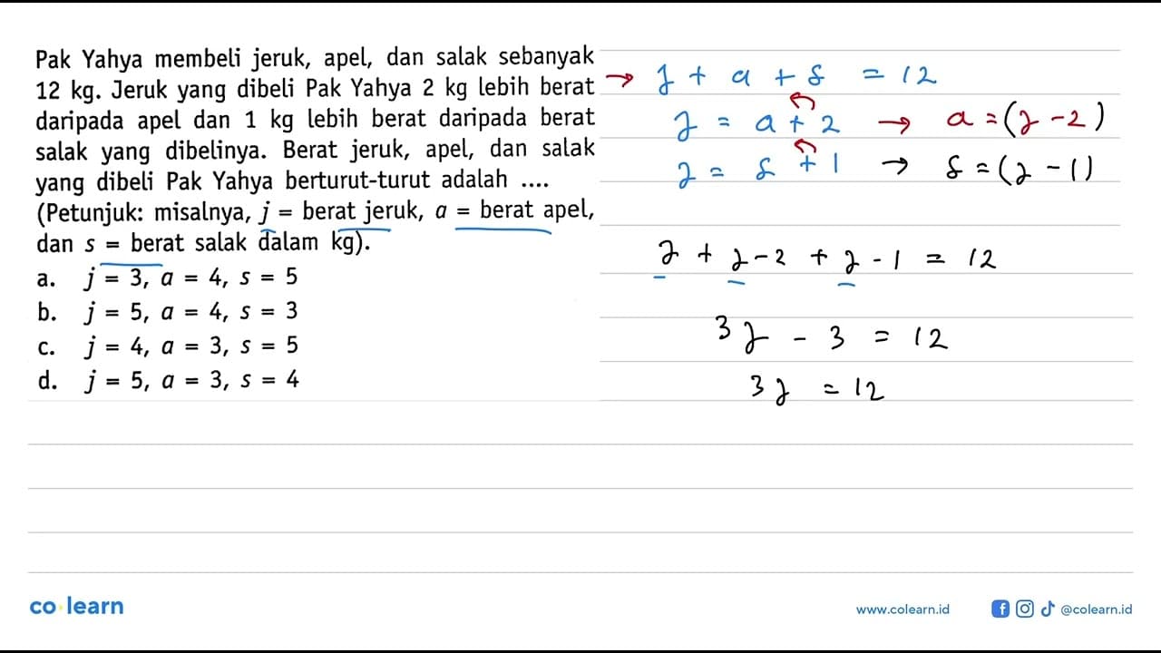 Pak Yahya membeli jeruk, apel, dan salak sebanyak 12 kg.