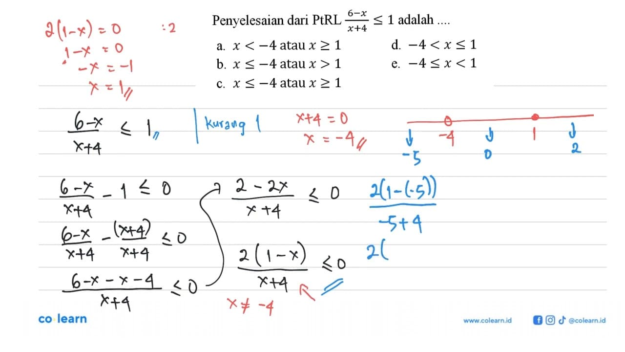 Penyelesaian dari PtRL (6-x)|(x+4)<1 adalah