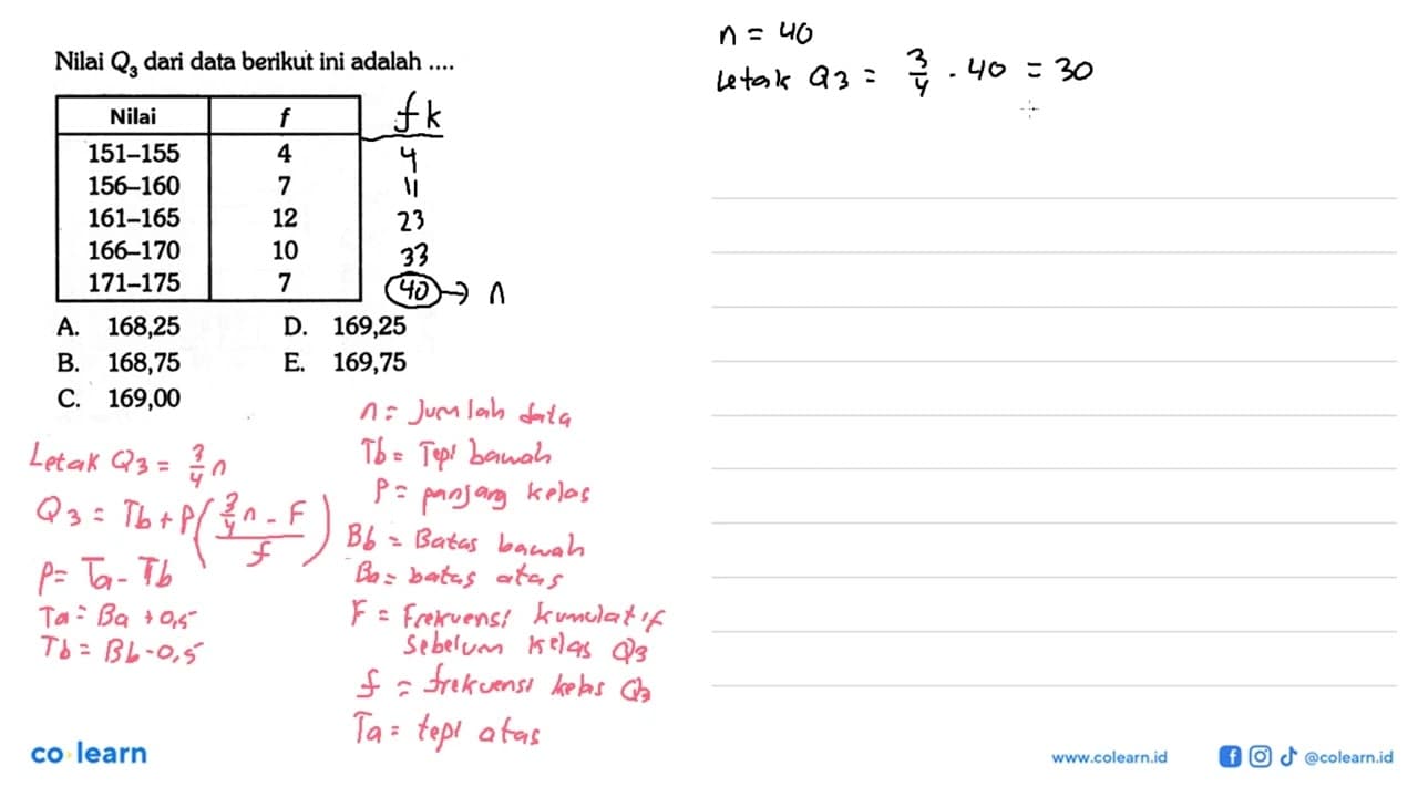 Nilai Q3 dari data berikut ini adalah .... Nilai f 151-155