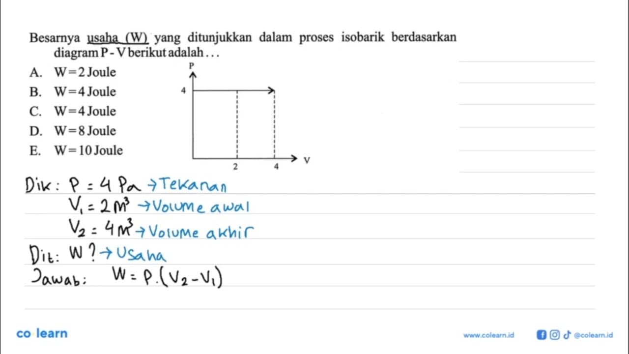 Besarnya usaha (W) yang ditunjukkan dalam proses isobarik