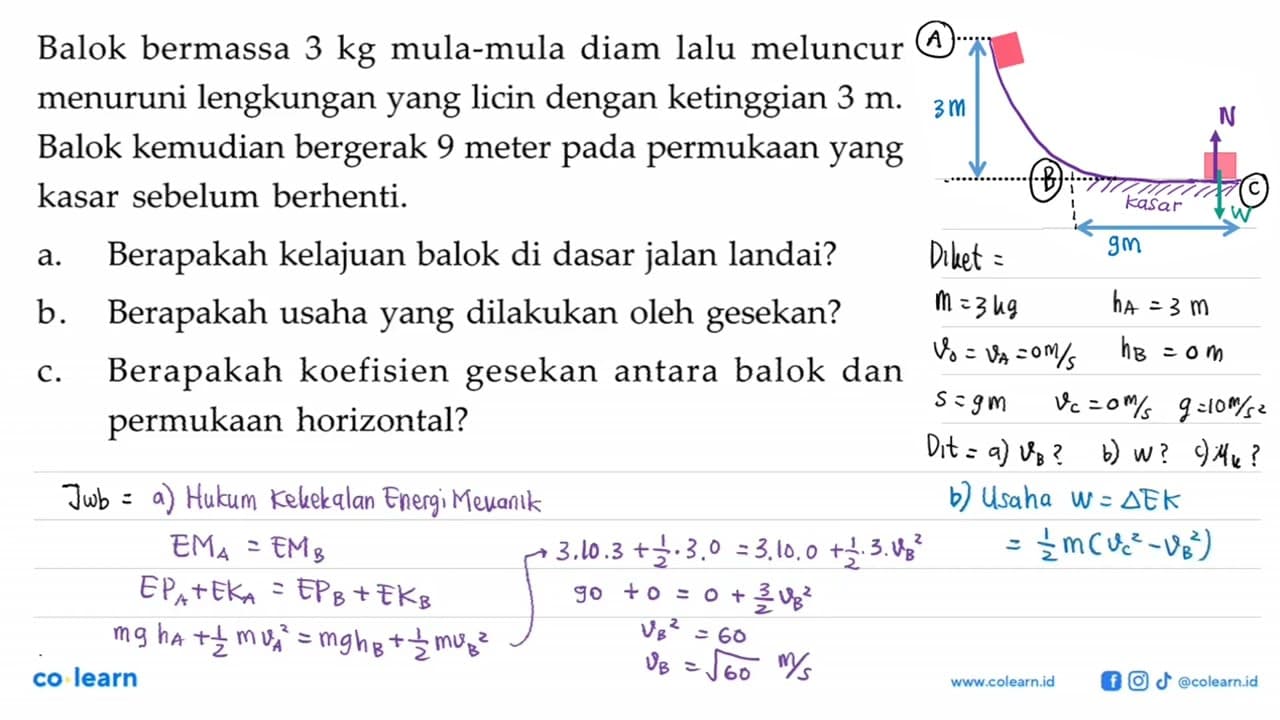 Balok bermassa 3 kg mula-mula diam lalu meluncur menuruni