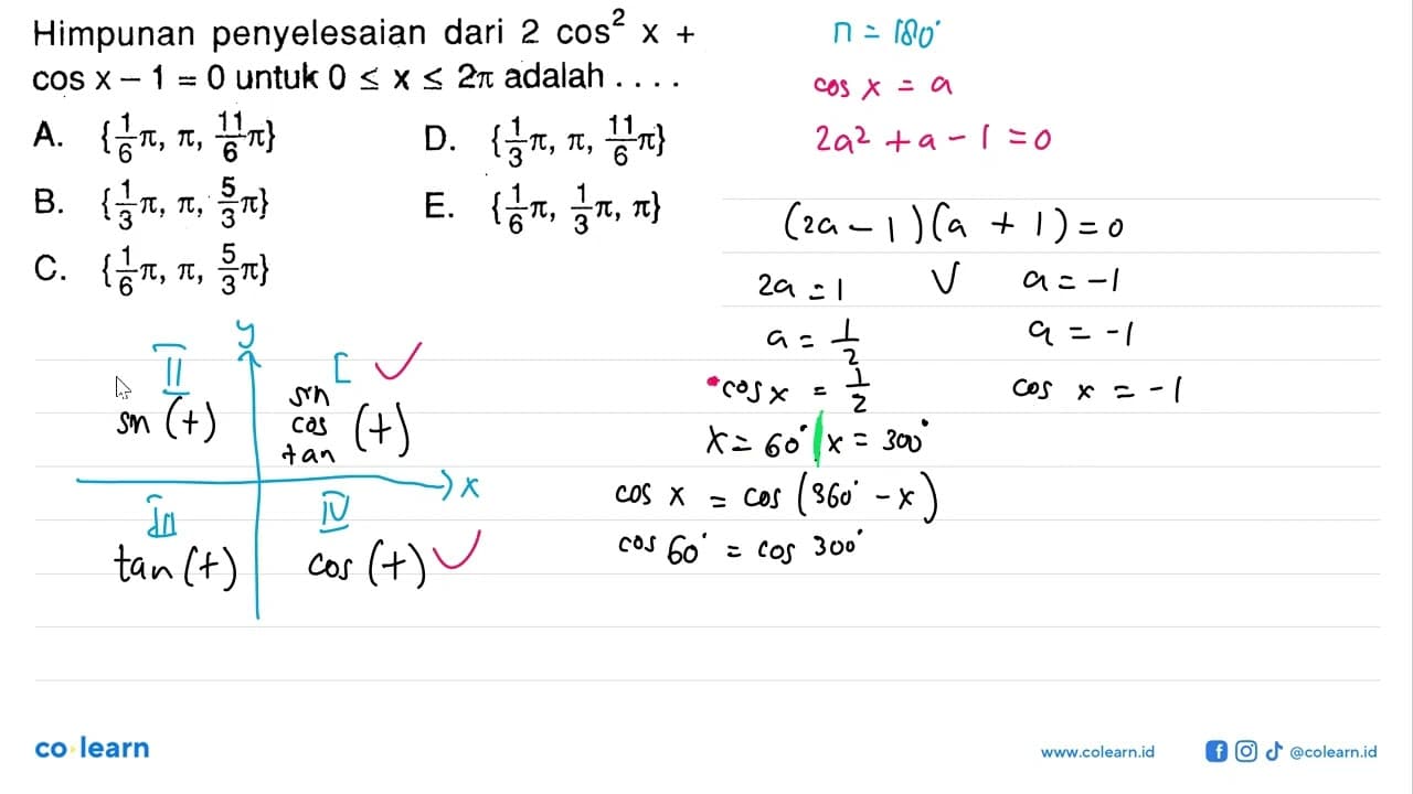 Himpunan penyelesaian persamaan 2cos^2 x-cos x-1=0 untuk