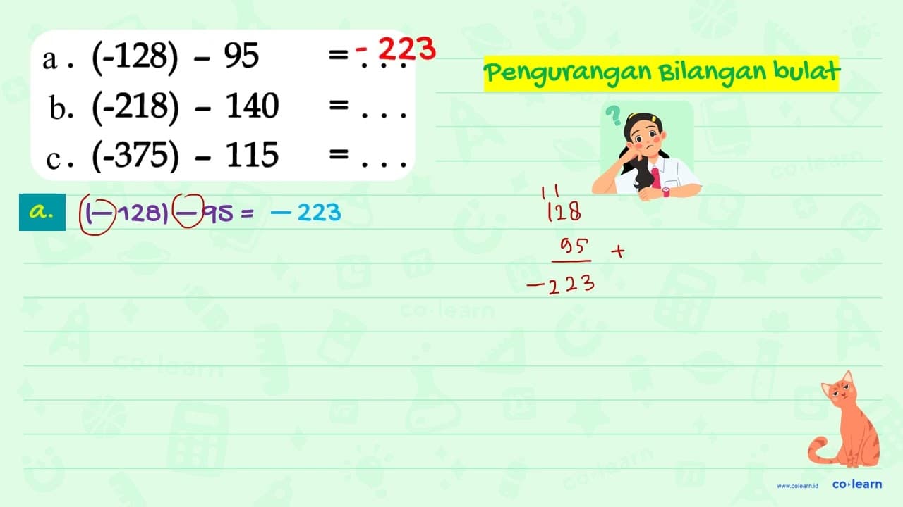 a. (-128) - 95 = ... b. (-218) - 140 = ... c. (-375) - 115