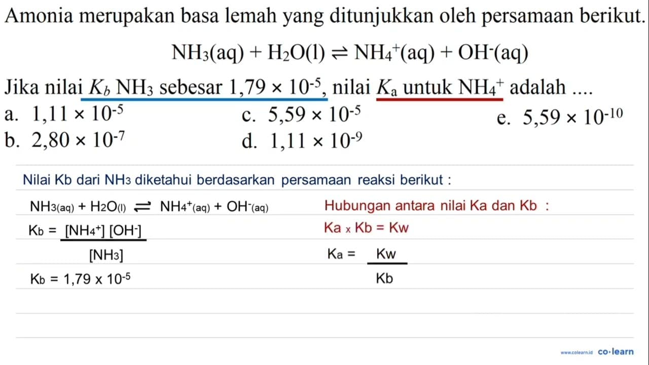 Amonia merupakan basa lemah yang ditunjukkan oleh persamaan