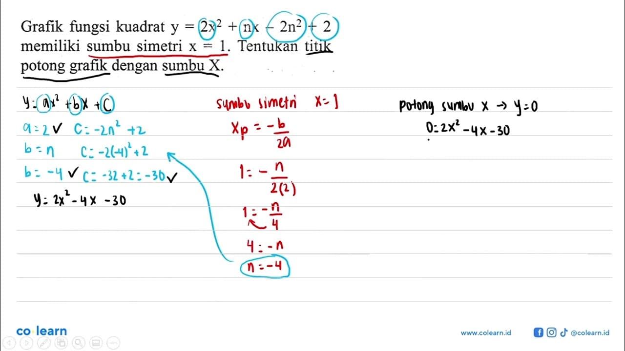 Grafik fungsi kuadrat y = 2x^2 + nx - 2n^2 + 2 memiliki