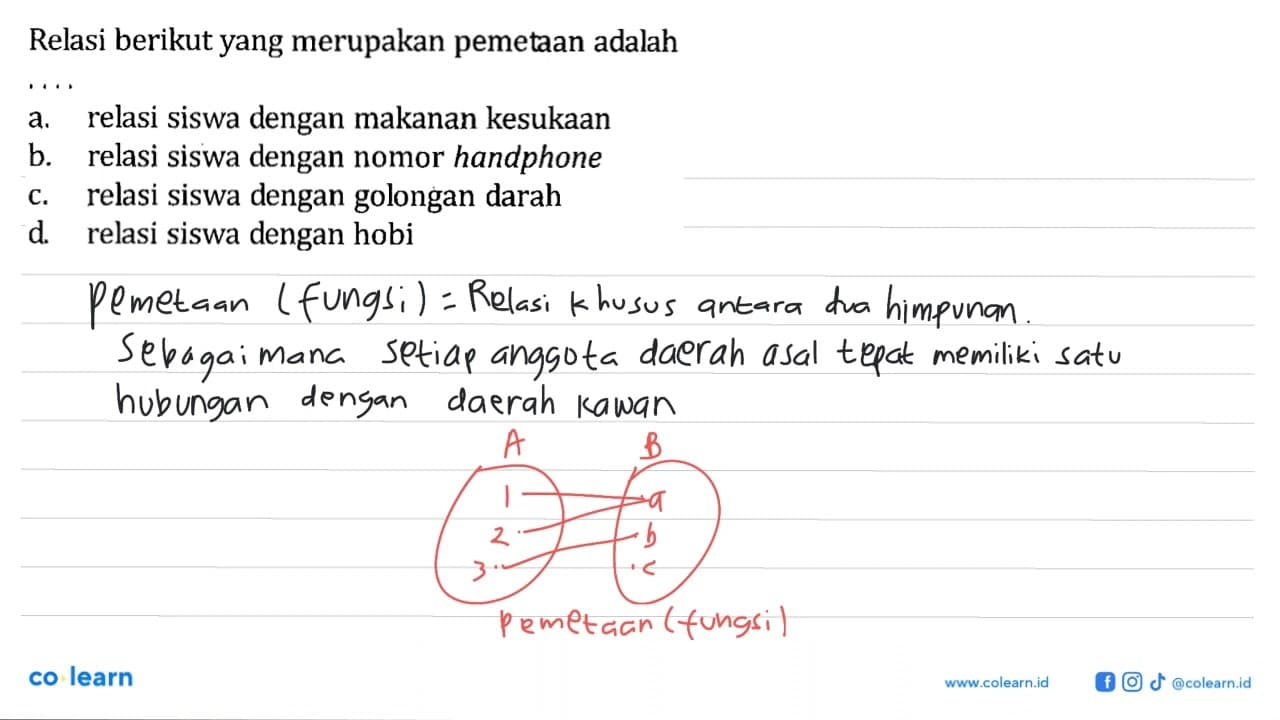 Relasi berikut yang merupakan pemetaan adalah.... a. relasi