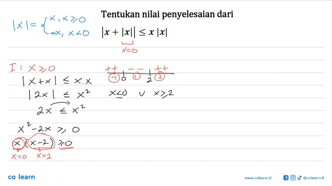 Tentukan nilai penyelesaian dari |x+| x||<=x|x|