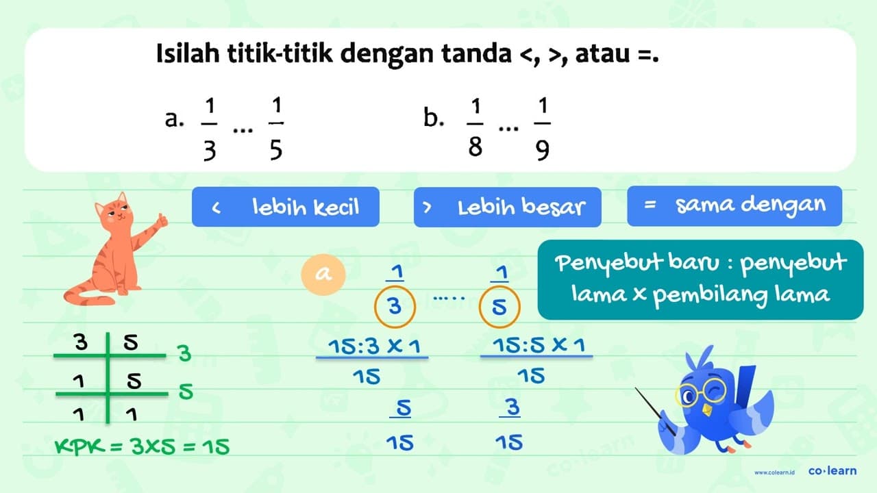 Isilah titik-titik dengan tanda <, >, atau = a. 1/3 ... 1/5