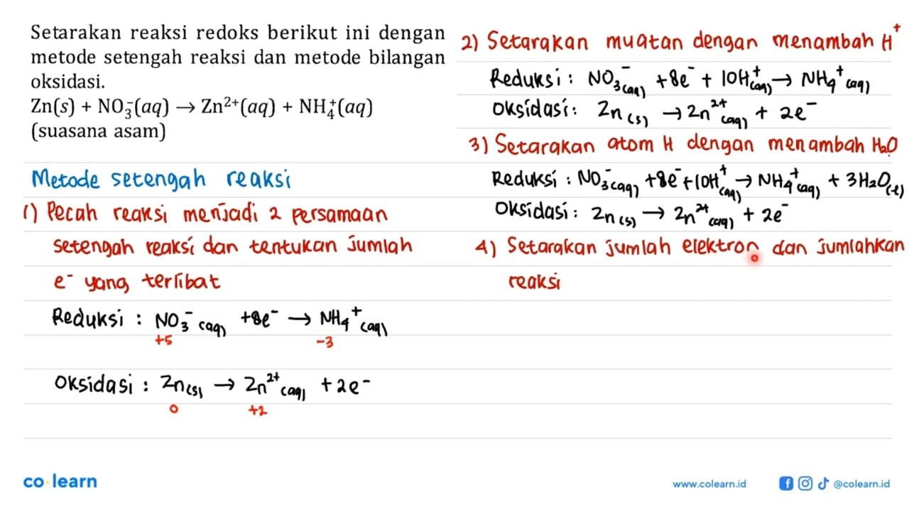 Setarakan reaksi redoks berikut ini dengan metode setengah