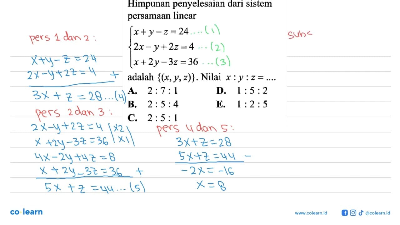 Himpunan penyelesaian dari sistem persamaan linear x+y-z=24