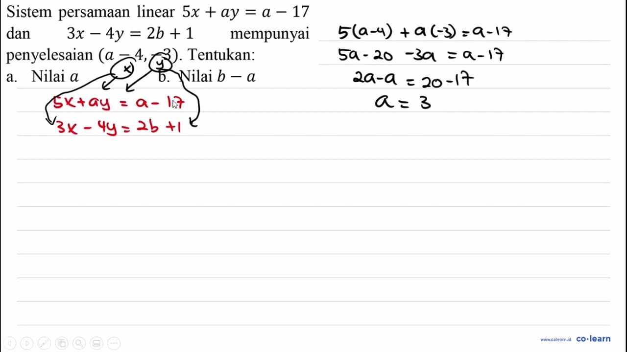 Sistem persamaan linear 5 x+a y=a-17 dan 3 x-4 y=2 b+1