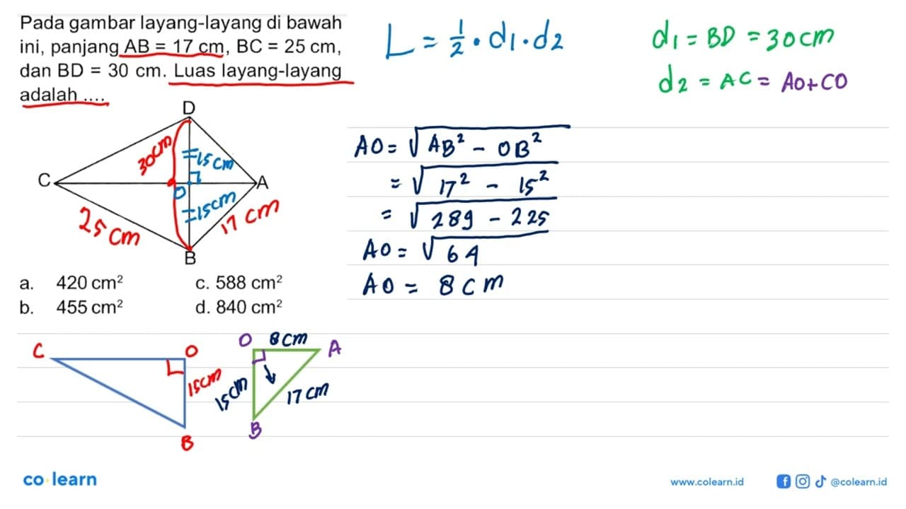 Pada gambar layang-layang di bawah ini, panjang AB=17 cm,