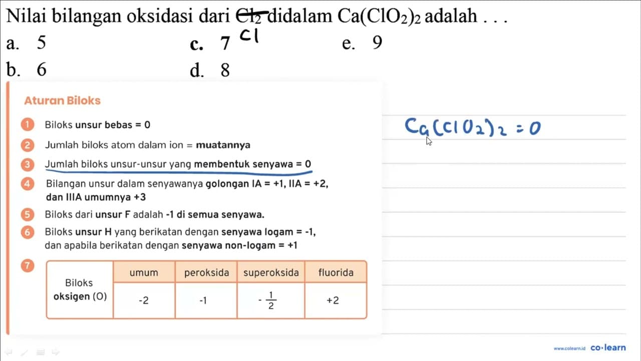 Nilai bilangan oksidasi dari Cl2 didalam Ca(ClO2)2 adalah