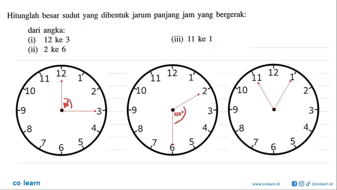 Hitunglah besar sudut yang dibentuk jarum panjang jam yang