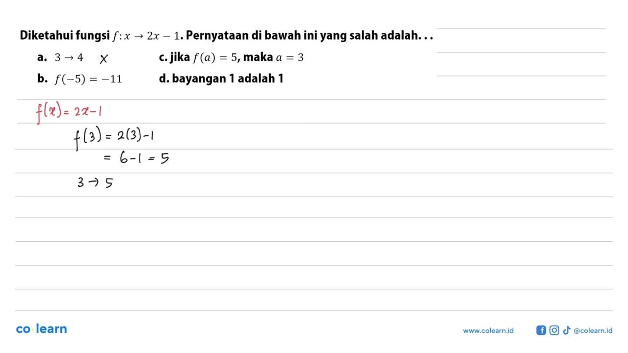 Diketahui fungsi f:2x -> 1. Pernyataan di bawah ini yang