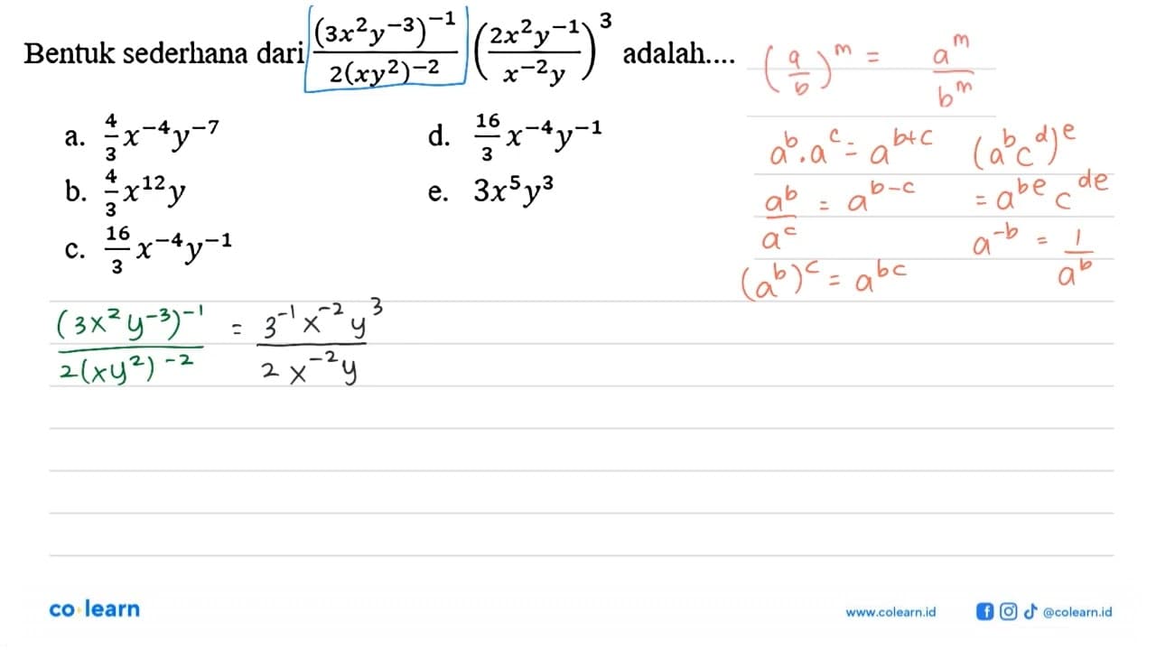 Bentuk sederhana dari ((3x^2 y^-3)^-1)/(2(xy^2)^-2) ((2x^2