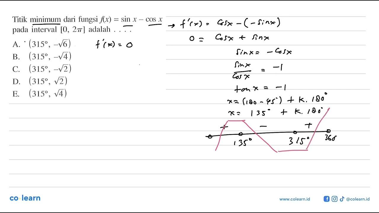 Titik minimum dari fungsi f(x)=sin x-cos x pada interval