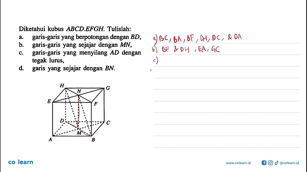 Diketahui kubus ABCD.EFGH. Tulislah: a. garis-garis yang