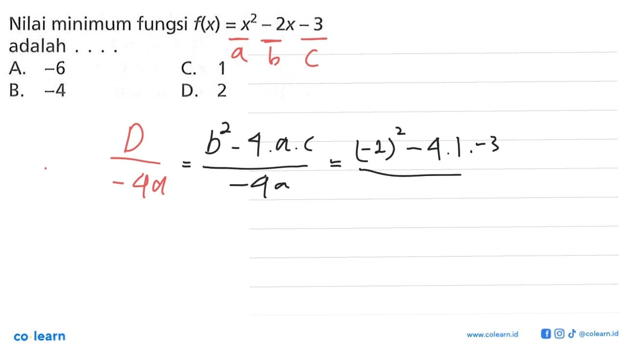 Nilai minimum fungsi f(x)=x^2-2x-3 adalah ....