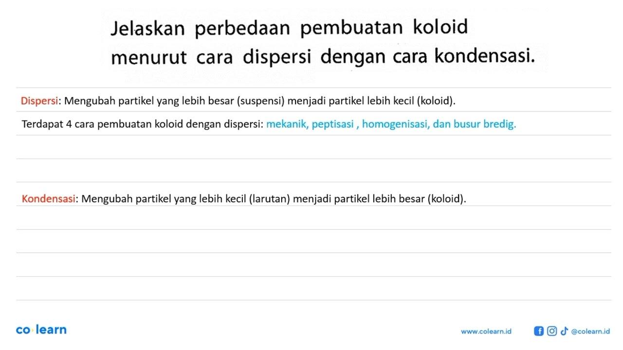 Jelaskan perbedaan pembuatan koloid menurut cara dispersi