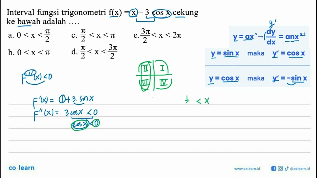 Interval fungsi trigonometri f(x)=x-3 cos x cekung ke bawah