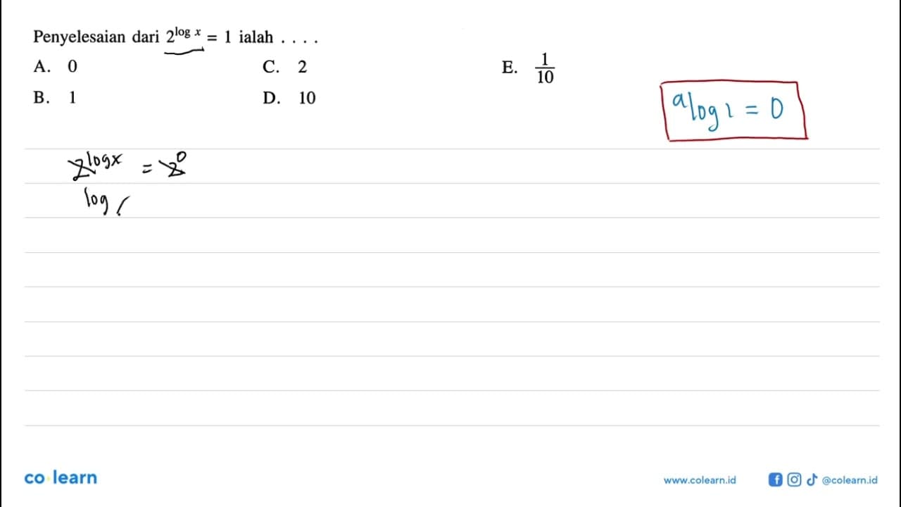 Penyelesaian dari 2^(log x)=1 ialah ...