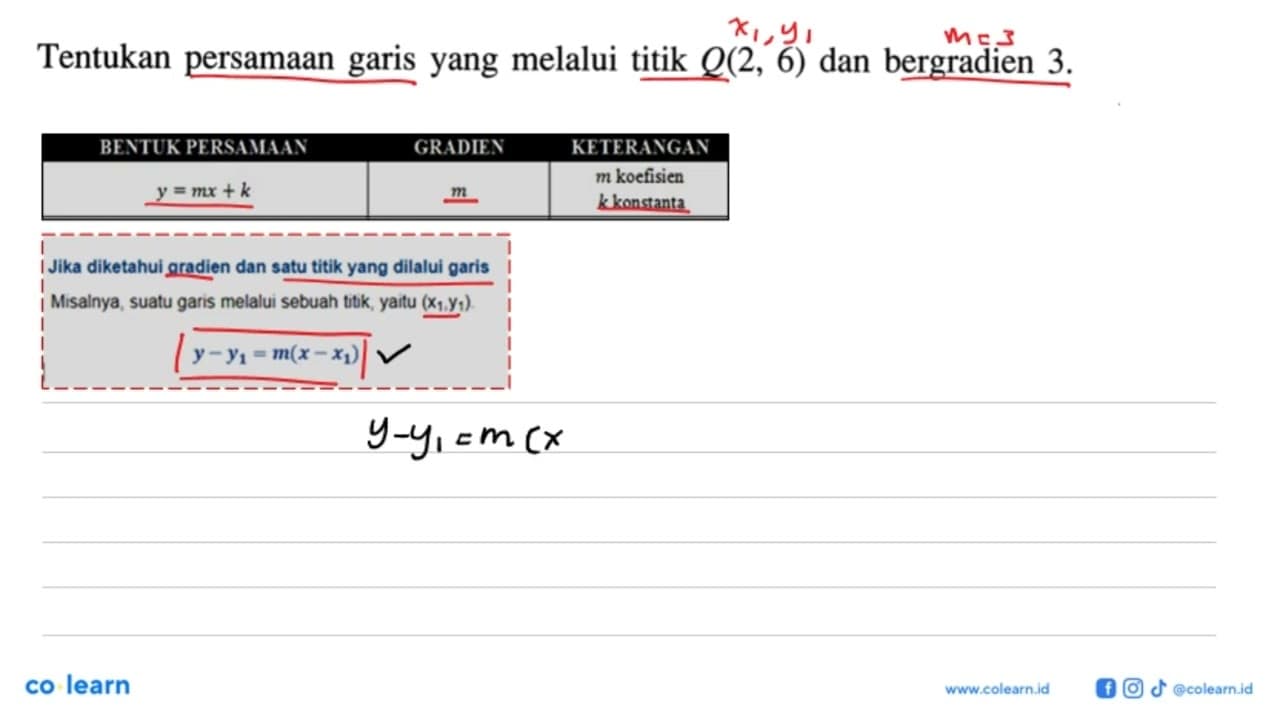 Tentukan persamaan garis yang melalui titik Q(2, 6) dan