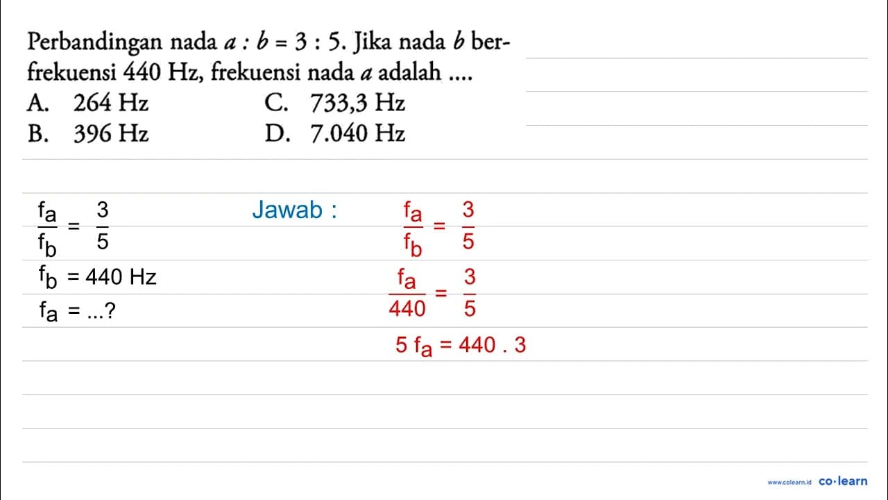 Perbandingan nada a: b=3: 5 . Jika nada b berfrekuensi 440