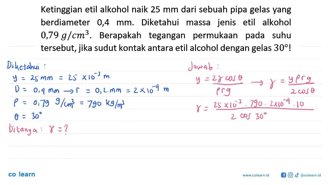 Ketinggian etil alkohol naik 25 mm dari sebuah pipa gelas