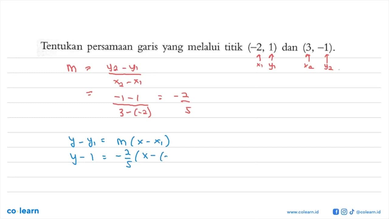 Tentukan persamaan garis yang melalui titik (-2, 1) dan (3,