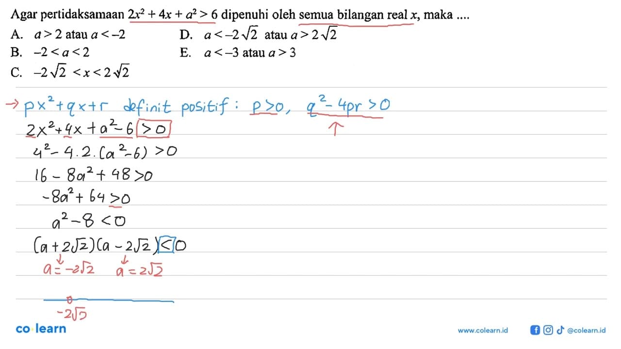 Agar perlidaksamaan 2x^2+4x+a^2>6 dipenuhi oleh semua