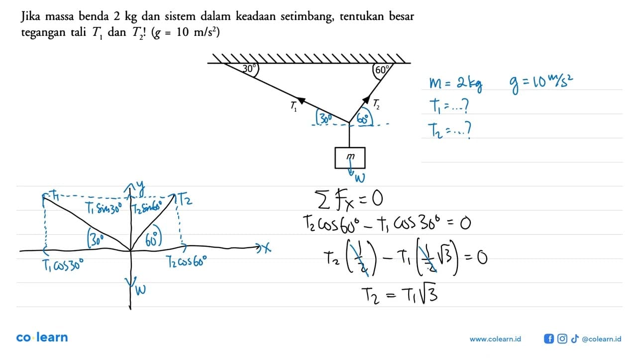 Jika massa benda 2 kg dan sistem dalam keadaan setimbang,