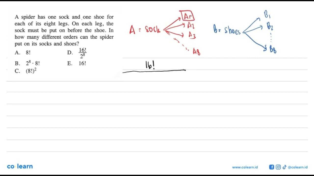 A spider has one sock and one shoe for each of its eight