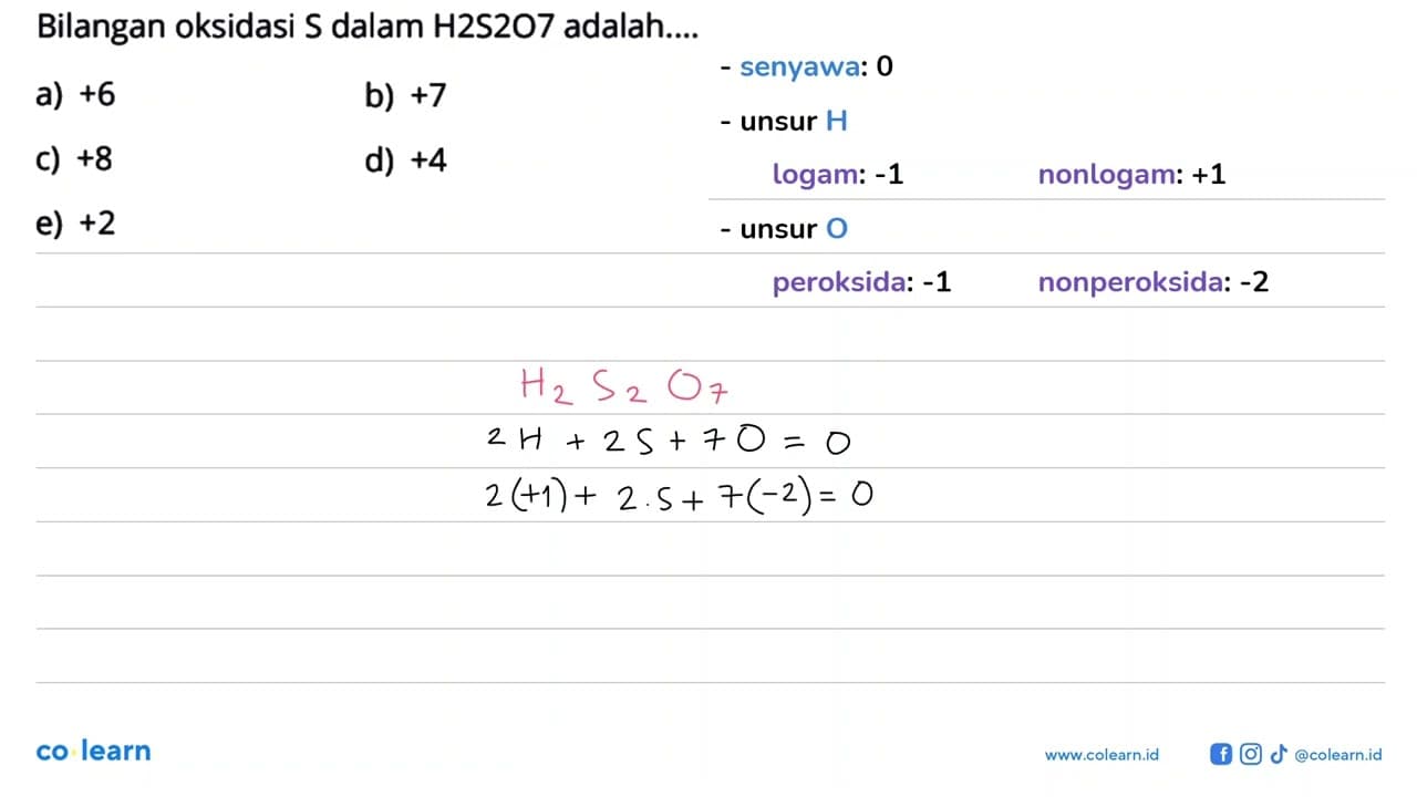 Bilangan oksidasi S dalam H2S2O7 adalah....