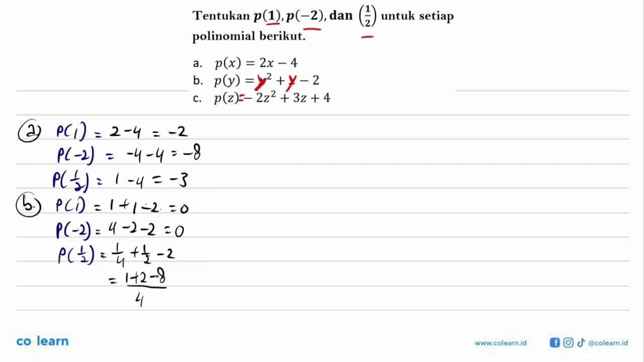 Tentukan p(1), p(-2), dan (1/2) untuk setiap polinomial