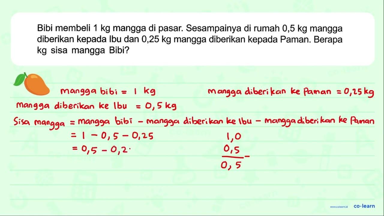 Bibi membeli 1 kg mangga di pasar. Sesampainya di rumah 0,5